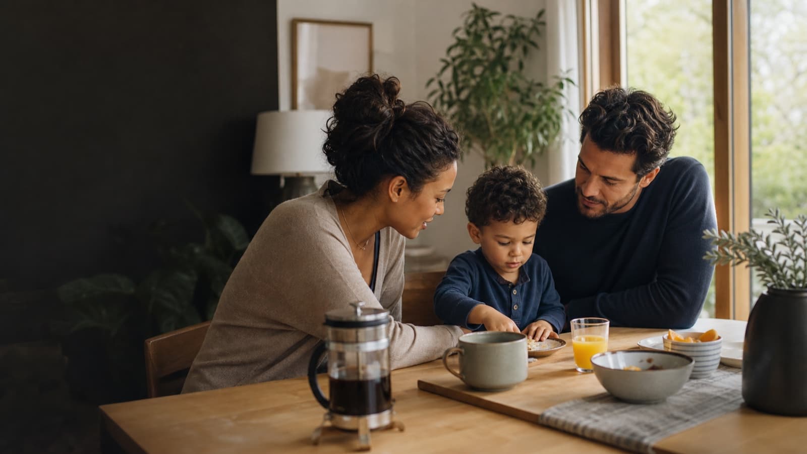 A family sharing a quiet morning together at home